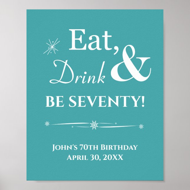 Turquoise Retro Eat Drink Be Seventy 70th Birthday Poster (Front)