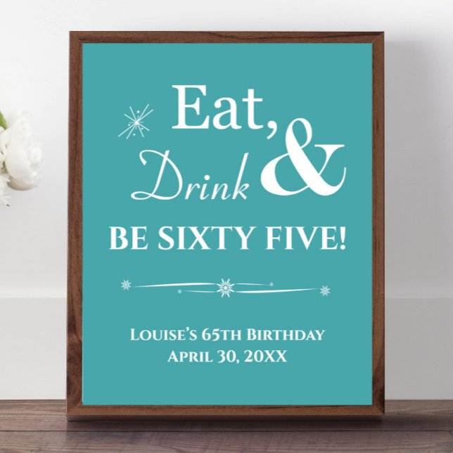 Turquoise Retro Eat Drink Sixty Five 65th Birthday Poster (Creator Uploaded)