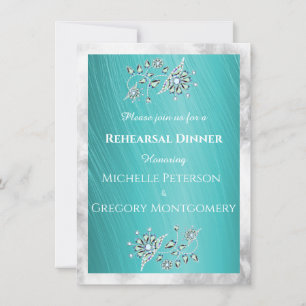 Turquoise Rhinestone on Teal Rehearsal Dinner Invitation