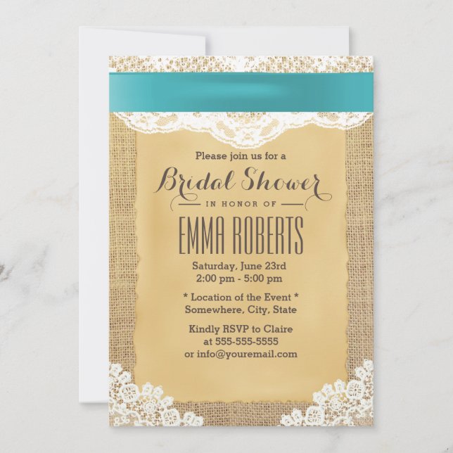 Turquoise Ribbon & Lace Burlap Bridal Shower Invitation (Front)