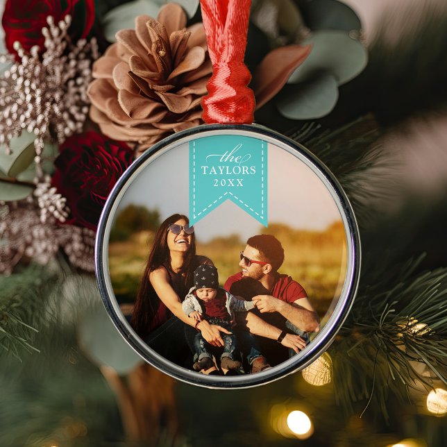 Turquoise Ribbon | Personalised Name & Year Photo Metal Ornament (Creator Uploaded)