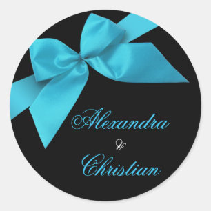 Turquoise Ribbon Wedding Announcement RSVP Classic Round Sticker