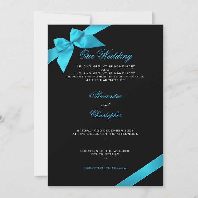 Turquoise Ribbon Wedding Invitation Announcement 2 (Front)