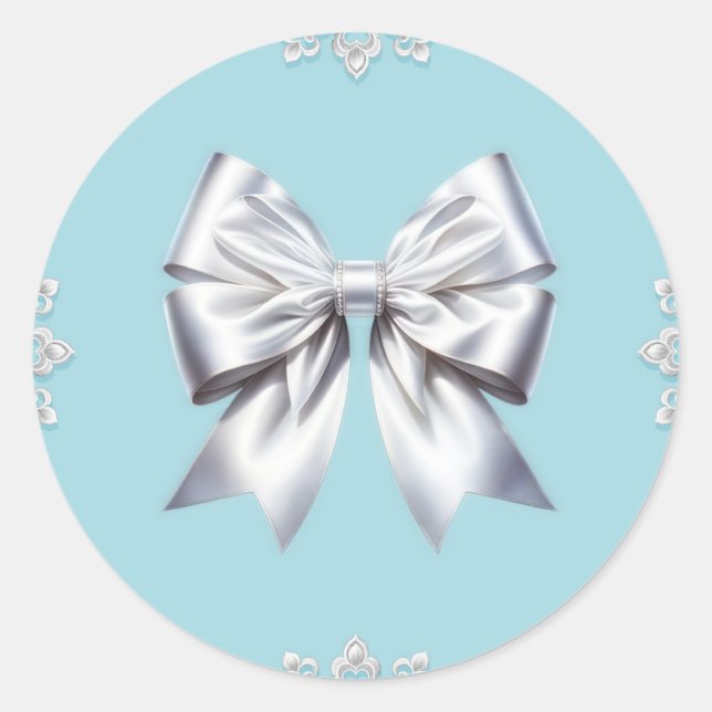 Turquoise Robin's Egg Blue Big White Bow Bridal  Classic Round Sticker (Front)