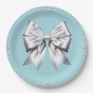 Turquoise Robin's Egg Blue Big White Bow Bridal  Paper Plate