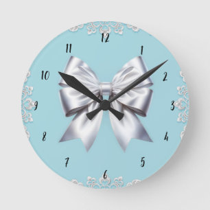 Turquoise Robin's Egg Blue Big White Bow Bridal  Round Clock