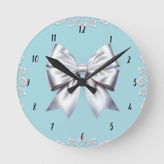 Turquoise Robin's Egg Blue Big White Bow Bridal  Round Clock (Front)