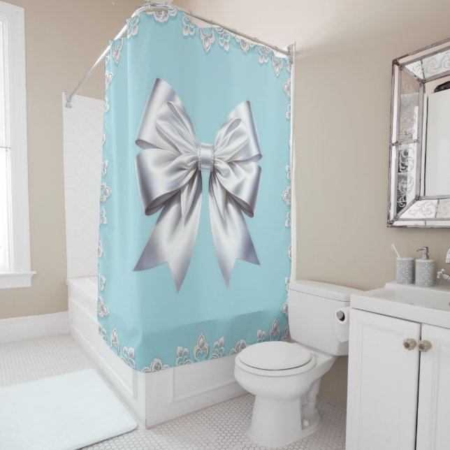 Turquoise Robin's Egg Blue Big White Bow Bridal  Shower Curtain (In Situ)