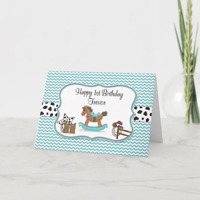 Turquoise Rocking Horse Personalised Birthday Card (Front)