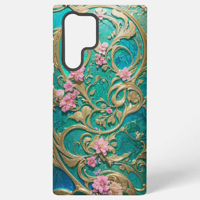 Turquoise Rococo Floral Phone Case (Back)