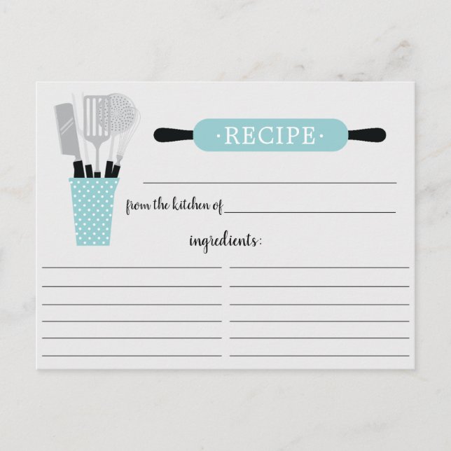 Turquoise Rolling Pin Kitchen Tools Recipe Card (Front)
