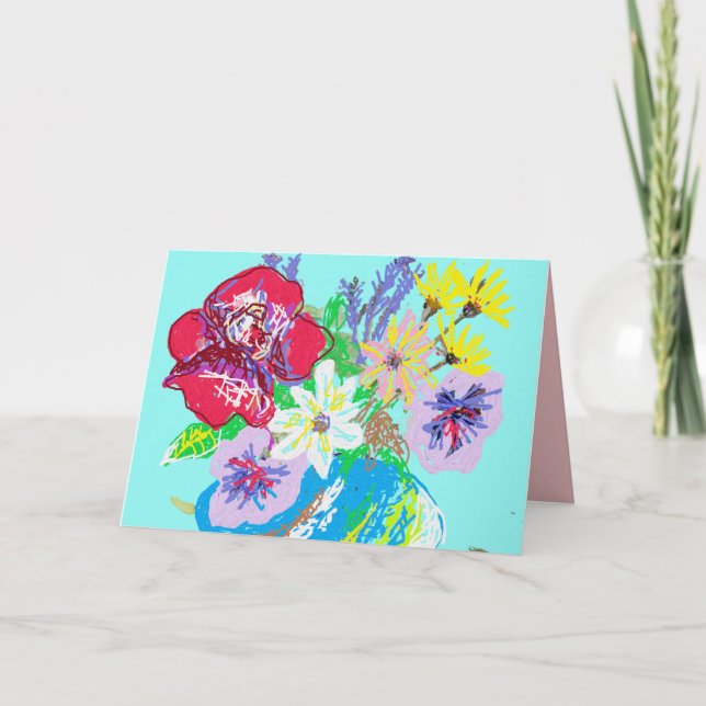 Turquoise Rose and Daisies flowers in Vase Card (Front)