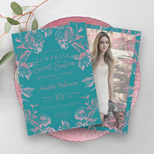 Turquoise Rose Gold Floral SURPRISE Sweet 16 Invitation