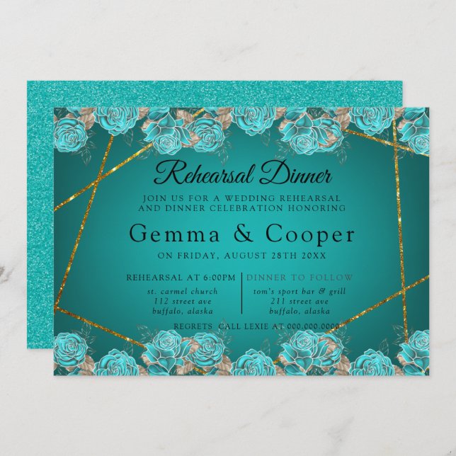 Turquoise Rose Gold Geometric Rehearsal Dinner Invitation (Front/Back)