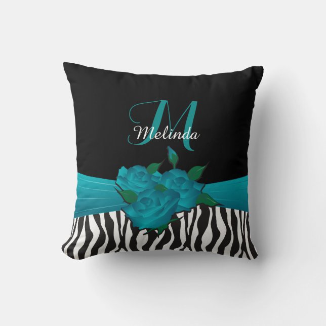 Turquoise Rose Zebra Animal Stripes Cushion (Front)