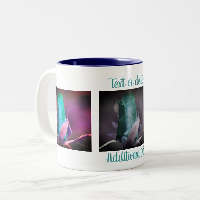 Turquoise Rosebud Flower Art Personalised Two-Tone Coffee Mug (Front Left)