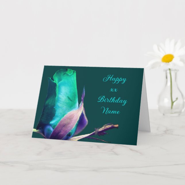 Turquoise Rosebud Flower Personalised Birthday  Card (Small Plant)