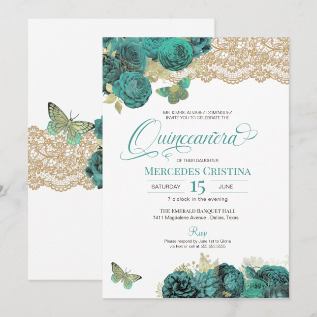 Turquoise Roses and Lace Butterfly Quinceañera Inv Invitation (Front/Back)
