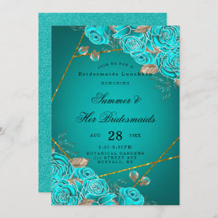 Turquoise Roses Geometric Bridesmaids Luncheon Invitation
