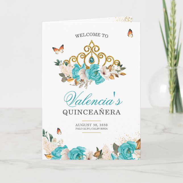 Turquoise Roses Gold Tiara Butterfly Quinceanera Program (Front)