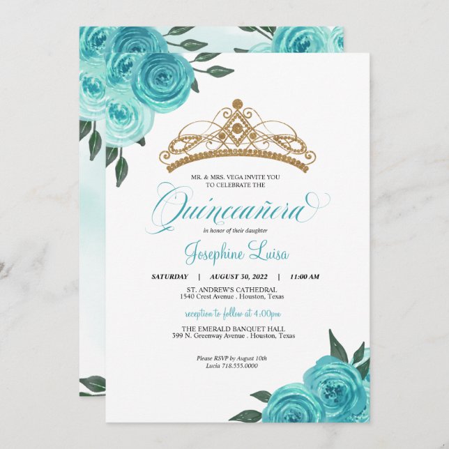Turquoise Roses Golden Tiara Quinceañera Birthday Invitation (Front/Back)