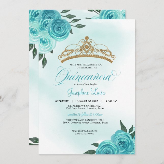 Turquoise Roses Golden Tiara Quinceañera Birthday  Invitation (Front/Back)