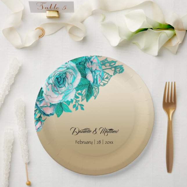 Turquoise Roses on Gold Wedding Paper Plate (Wedding)