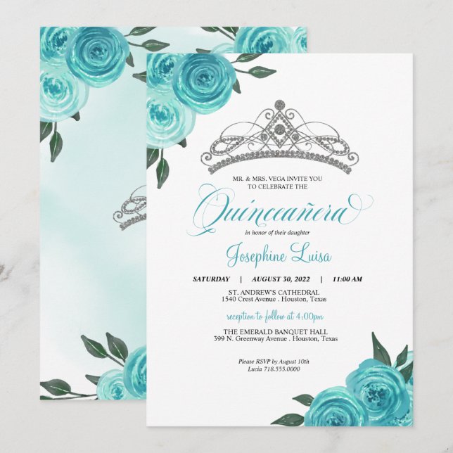 Turquoise Roses Silver Tiara Quinceañera Birthday Invitation (Front/Back)
