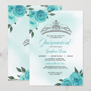 Turquoise Roses Silver Tiara Quinceañera Birthday  Invitation