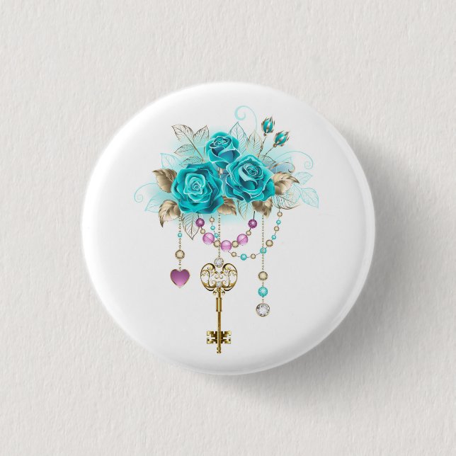 Turquoise Roses with Keys 3 Cm Round Badge (Front)