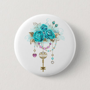Turquoise Roses with Keys 6 Cm Round Badge