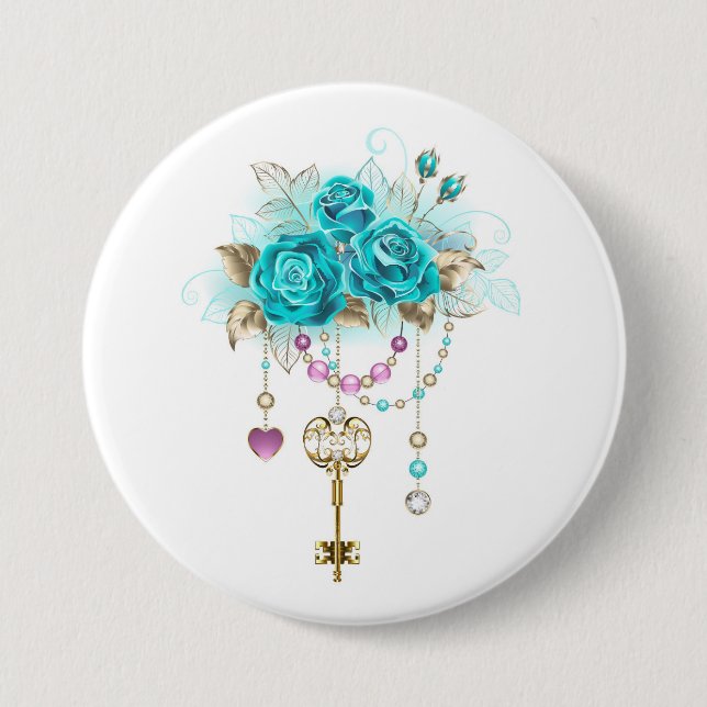 Turquoise Roses with Keys 7.5 Cm Round Badge (Front)