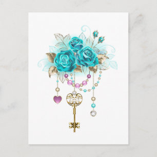 Turquoise Roses with Keys Announcement Postcard