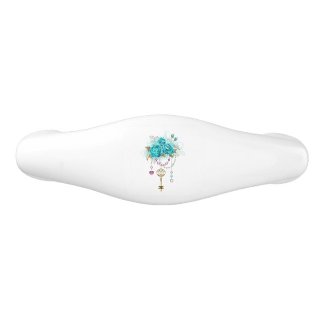 Turquoise Roses with Keys Ceramic Drawer Pull (Front)
