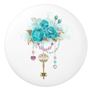 Turquoise Roses with Keys Ceramic Knob