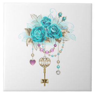 Turquoise Roses with Keys Ceramic Tile