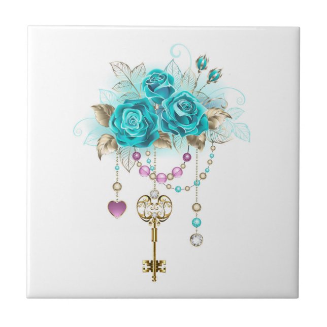 Turquoise Roses with Keys Ceramic Tile (Front)