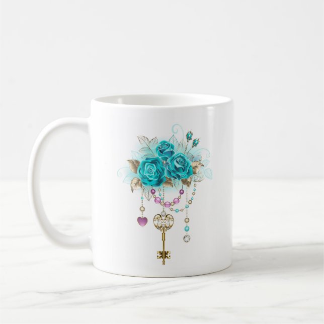 Turquoise Roses with Keys Coffee Mug (Left)