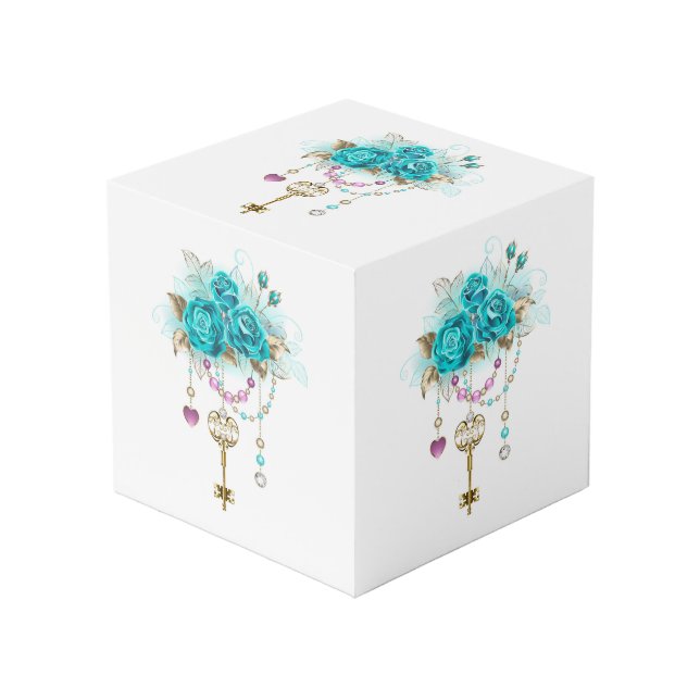 Turquoise Roses with Keys Cube (Front Angled)