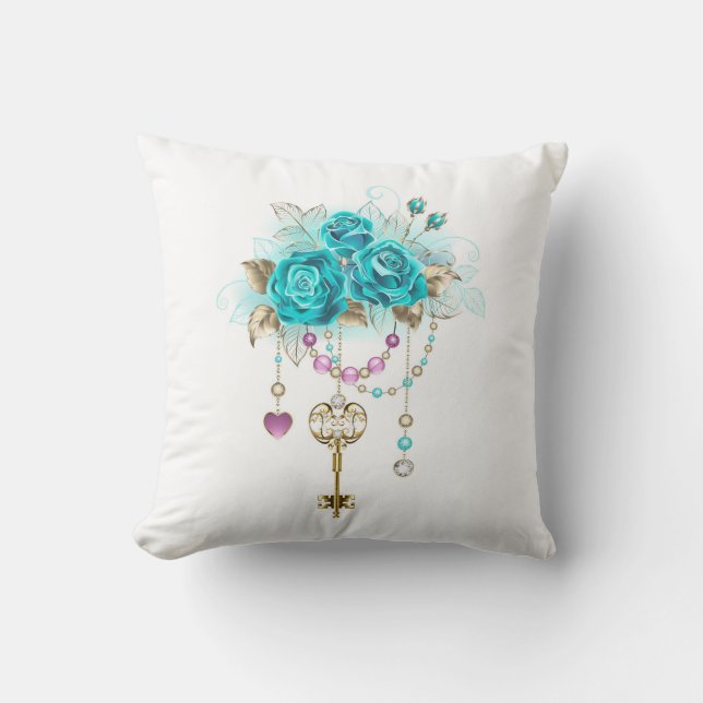 Turquoise Roses with Keys Cushion (Front)