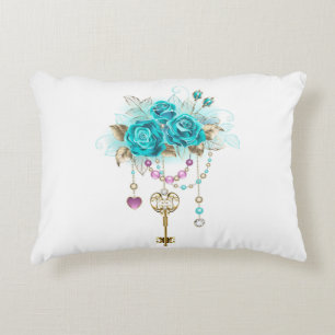Turquoise Roses with Keys Decorative Cushion