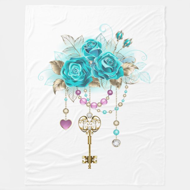 Turquoise Roses with Keys Fleece Blanket (Front)