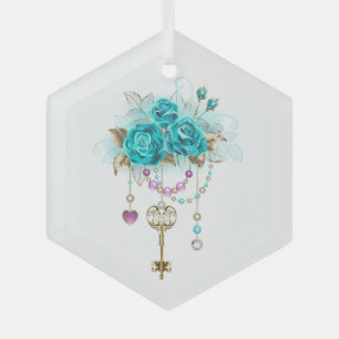 Turquoise Roses with Keys Glass Tree Decoration