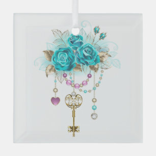 Turquoise Roses with Keys Glass Tree Decoration