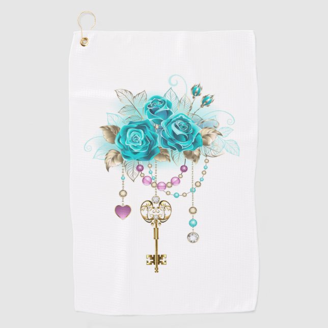 Turquoise Roses with Keys Golf Towel (Front)