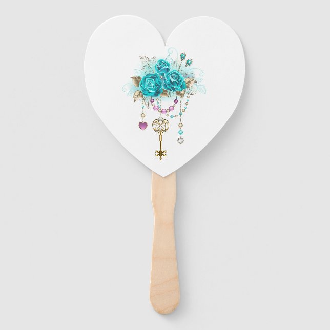 Turquoise Roses with Keys Hand Fan (Front)