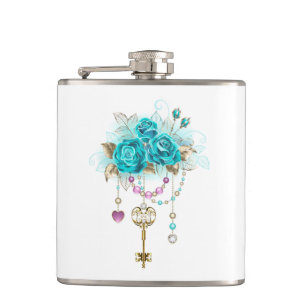 Turquoise Roses with Keys Hip Flask