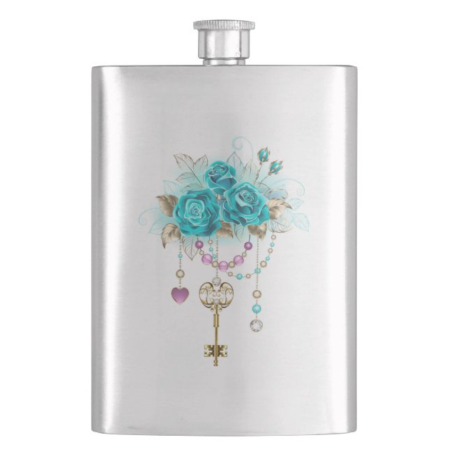 Turquoise Roses with Keys Hip Flask (Front)
