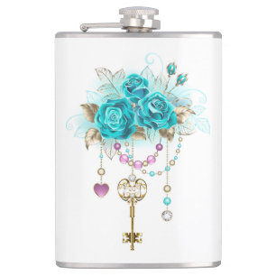 Turquoise Roses with Keys Hip Flask