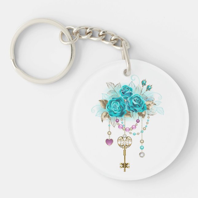 Turquoise Roses with Keys Key Ring (Front)